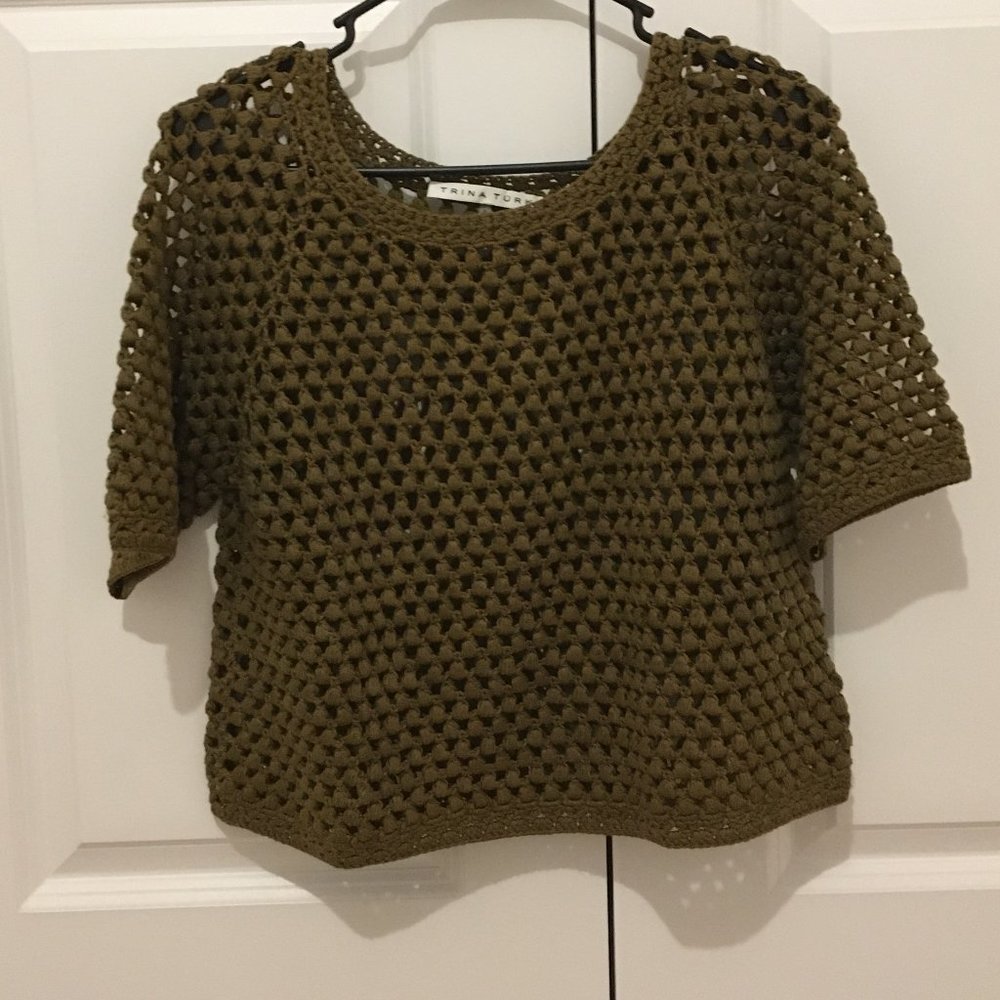 Trina Turk olive green crochet knit cropped top